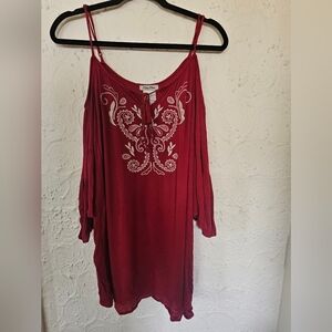 Flying Tomato Embroidered ,Red, Cold Shoulder Top